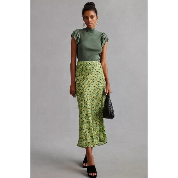 💕FAVORITE DAUGHTER💕 The Gwen Satin Midi Skirt ~ Green Floral Print XL NWOT - Picture 2 of 16